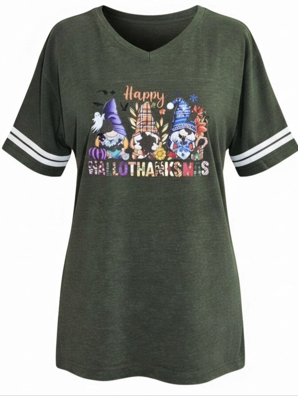 HalloThanksMas Holiday Gnome Varsity Jersey Tee Shirt Green 2XL Halloween